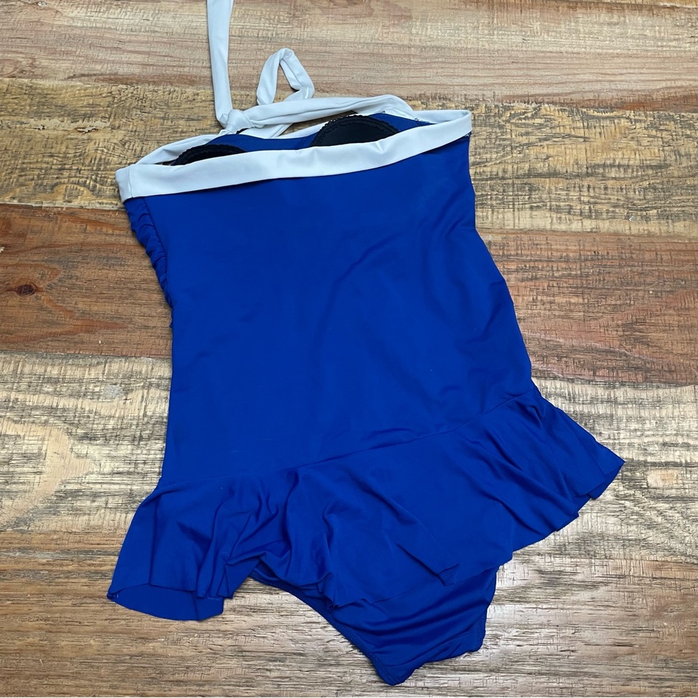 Lauren Ralph Lauren Womens Blue White Ruched Halter One Piece Swimsuit Sz 14 - Picture 2 of 6